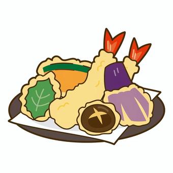 天ぷらの盛り合わせ 天ぷら,盛り合わせ,和食,食べ物,揚げ物,海老,茄子,しいたけ,かぼちゃ,大葉のイラスト素材