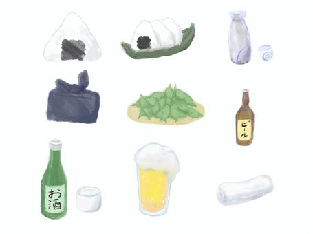 居酒屋セット 居酒屋,おにぎり,風呂敷,日本酒,枝豆,ビール,徳利,お猪口,熱燗,瓶ビールのイラスト素材