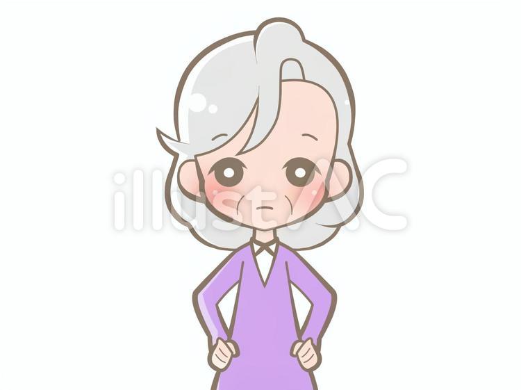 高齢者-腰に手-無表情210402 おばあさん,無表情,納得のイラスト素材