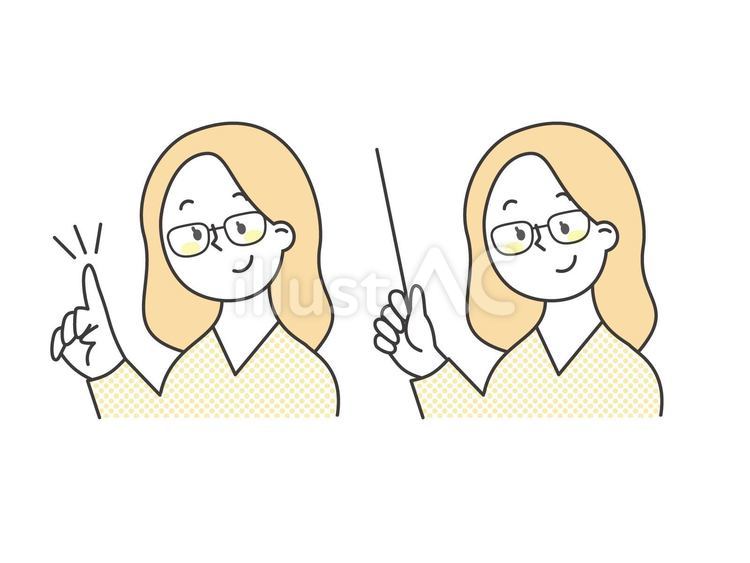 眼鏡をしている女性が指さしポーズしている 人物,指さし,ポイントのイラスト素材
