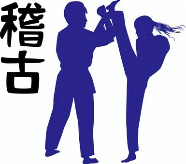 空手稽古　 空手,格闘技,選手,構え,稽古,シルエット,男性,女性,漢字,紺のイラスト素材