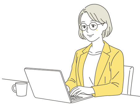 パソコンをする女性3 女性,パソコン,ノートパソコン,会社員,リモートワーク,デスクワーク,笑顔,操作,連絡,報告のイラスト素材