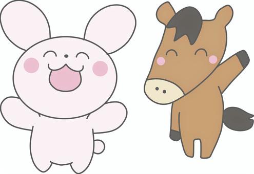 うさぎと馬の可愛いキャラクターのイラスト 午,うさぎ,イラスト,かわいい,キャラクター,手描き,馬,干支,シンプル,バイバイのイラスト素材