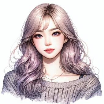 Beautiful woman with purple hair, female, watercolor, hand drawn, JPG