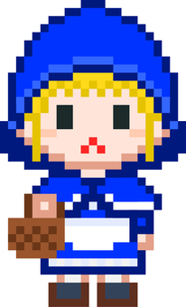 ドット絵の青ずきんの女の子です。 ドット絵,赤ずきん,シンプル,童話,森,バスケット,花,道,ワンピース,フードのイラスト素材