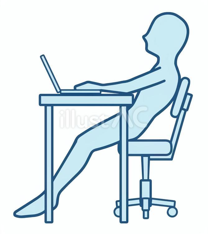 姿勢が悪くなる座り方、仙骨座りの人、青 仙骨座り,ずっこけ座り,姿勢のイラスト素材