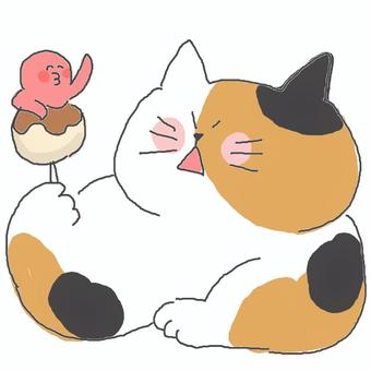 たこ焼きと三毛猫ちゃん♪ かわいい,たこ焼き,たべもの,たこ,にこにこ,笑顔,笑う,ご機嫌,楽しい,嬉しいのイラスト素材