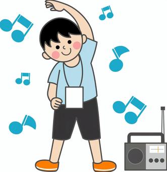 ラジオの横でリズムよく体側を伸ばす男の子 男の子,首,カード,正面,全身,体側,伸ばす,曲げる,傾く,ストレッチのイラスト素材