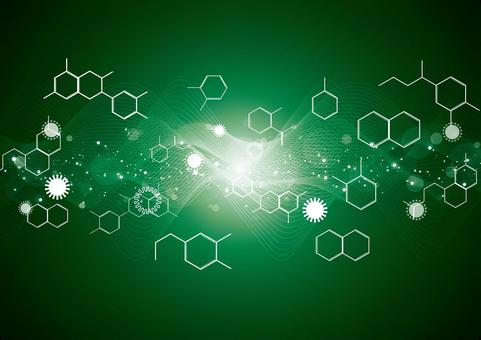緑色のウイルスと化学構造式の背景素材 ウイルス,バクテリア,化学,構造式,幾何学,曲線,医療,光,パーティクル,緑色のイラスト素材