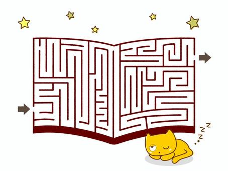 猫の迷路ゲーム・本 迷路,本,遊び,猫,眠る,楽しい,星のイラスト素材