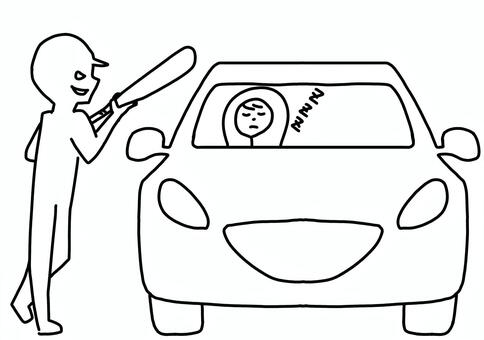 車内で眠っている人と襲う人　線画 車中泊,睡眠,襲撃,危険,犯罪,線画のイラスト素材