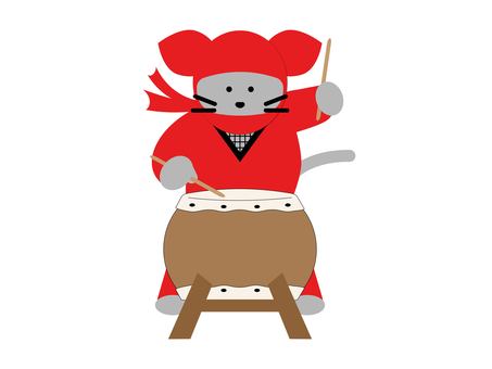 忍者マウス＿和太鼓叩く 忍者,マウス,ネズミ,和太鼓,太鼓,大太鼓,打楽器,和楽器,伝統,ばちのイラスト素材