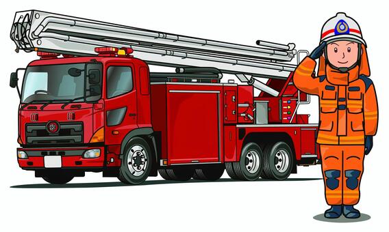 消防署の消防車（高所放水車）と隊員 消防署,消防車,高所放水車,消防隊員,緊急車両,赤色灯,火事,火災,放水,消火のイラスト素材