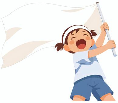 大きな白旗を振って応援する元気な女の子 女の子,子供,白組,応援,旗,運動会,体育祭,部活,スポーツ,元気のイラスト素材
