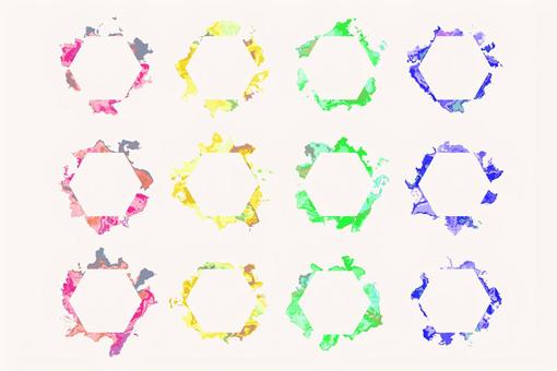 柔らかな色彩のマーブル模様のフレーム セット,幾何学,図形,六角形,抽象,アブストラクト,マーブル,模様,ぼかし,滲みのイラスト素材