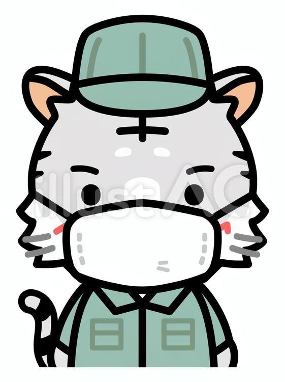 マスク姿の白いトラの作業員の上半身 作業員,虎,キャラクターのイラスト素材
