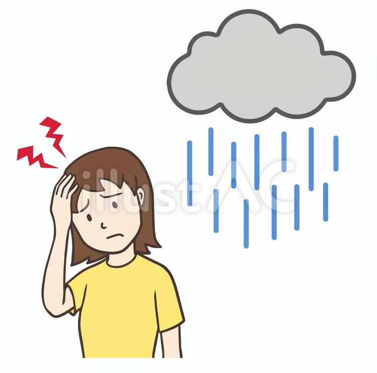 雨の日に頭が痛い女性、低気圧頭痛、天気痛 頭痛,偏頭痛,気圧のイラスト素材
