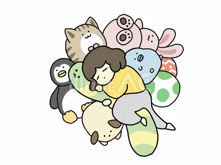 ぬいぐるみと一緒に寝る人 ぬいぐるみ,抱き枕,女性のイラスト素材