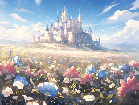 ファンタジー世界の城と花咲く草原_背景画 ファンタジー世界の城と花咲く草原_背景画 城,塔,城壁のイラスト素材