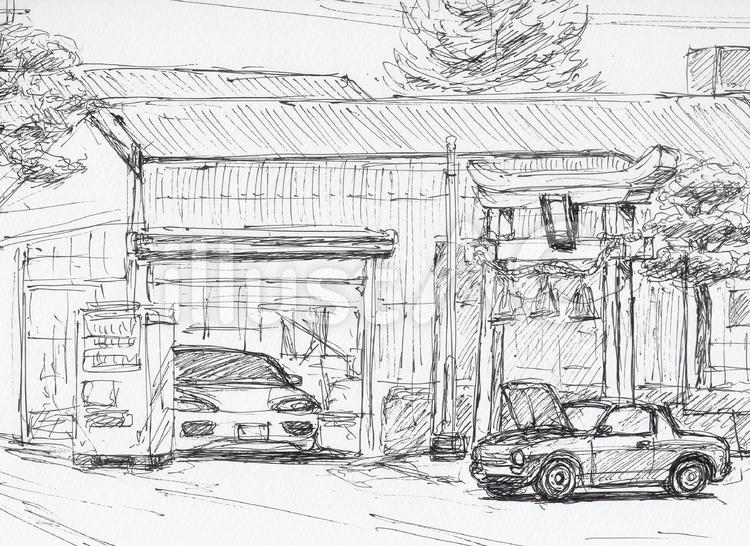 小さな自動車整備工場 風景画,風景,スケッチのイラスト素材