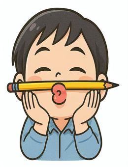 鉛筆を挟んでいる男の子