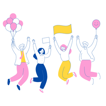 イベントで賑やかに盛上げるビジネスチーム 人物,男女,応援,イベント,笑顔,ジャンプ,風船,旗,喜び,元気のイラスト素材