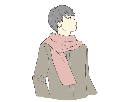 マフラーを巻いた男性（着色） 男性,人物,前向き,微笑む,ポジティブ,見上げる,横顔,マフラー,冬,学生のイラスト素材