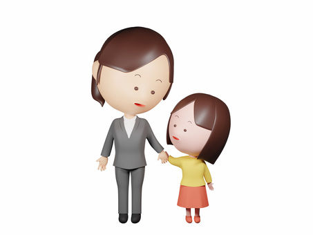 手を繋ぐスーツ女性の母とこども女の子全身 親子,会話,小学生,愛,シンプル,かわいい,子ども,楽しい会話,手を繋ぐ,お母さんのイラスト素材