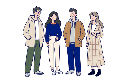 秋冬服の大学生グループのイラスト03 人物,男女,大学生,学生,若者,グループ,友達,青春,秋,冬のイラスト素材