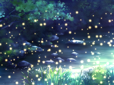 ノスタルジアな記憶【11】夏宵の蛍火 ホタル,癒し,やすらぎ,幻想的,神秘的,光,夜,静けさ,田舎,自然のイラスト素材