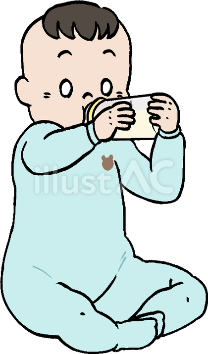 座ってミルクを飲む赤ちゃん