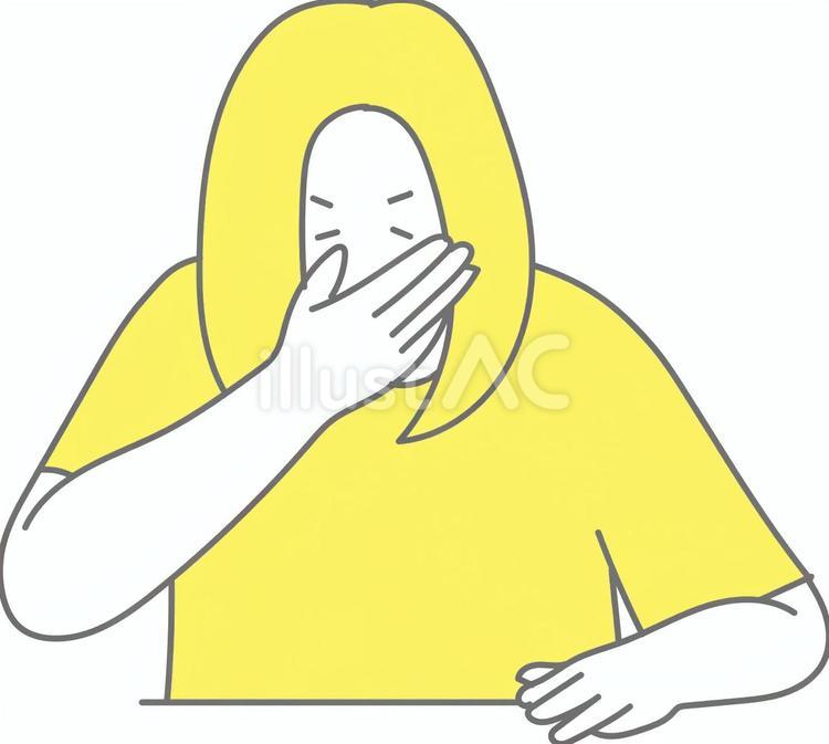 口に手を当てくしゃみした女性 女性,tシャツ,黄色のイラスト素材