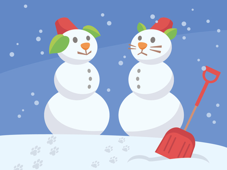 犬と猫の雪だるま 雪,雪だるま,犬,猫,雪かき,スノーシャベル,足跡,冬,積雪,クリスマスのイラスト素材