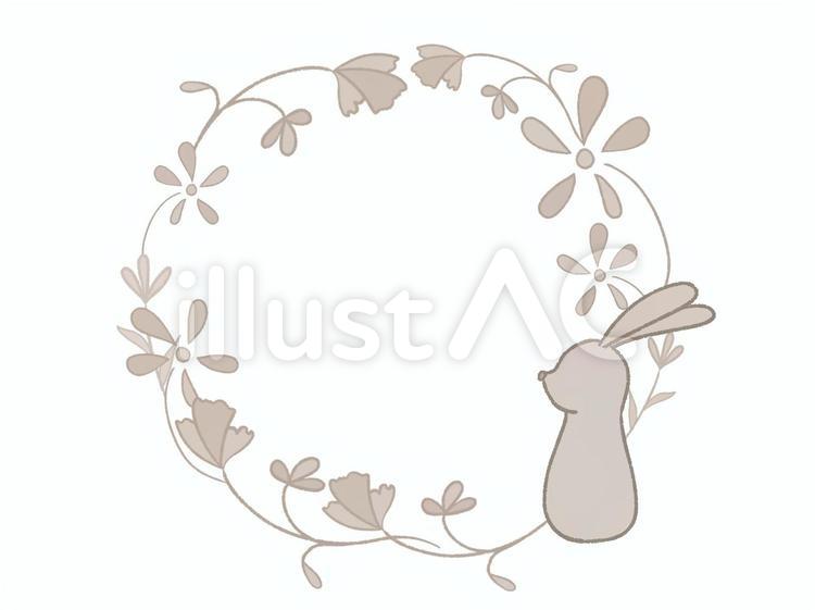 ウサギと花のサークルフレーム　線あり ウサギ,花,植物のイラスト素材