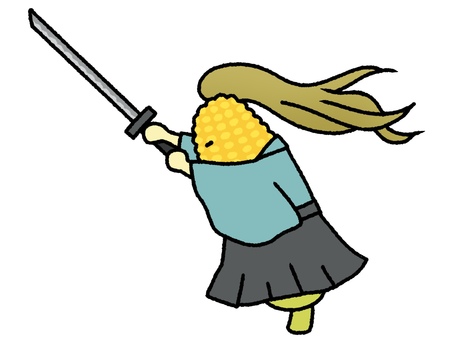 剣を振りかざすとうもろこしのお侍 剣,振りかざす,とうもろこし,侍,武士,横,全身,手描き,ゆるい,かわいいのイラスト素材
