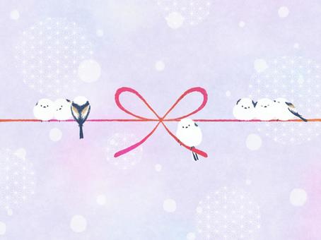 シマエナガ水引　のし紙デザイン　和柄丸 シマエナガ,水引,のし紙,リボン,和柄,背景,冬,雪,かわいい,ふわふわのイラスト素材