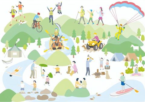 アドベンチャー体験　アクティビティ アウトドア,ランニング,トレイルラン,mtb,トレイルライド,ラフティング,キャニオニング,沢下り,シャワークライミング,トレッキングのイラスト素材
