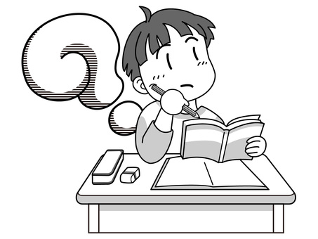 わからん。考える男の子（モノクロ画） わからない,疑問,はてな,クエスチョン,マーク,考える,学校,授業,勉強,学習のイラスト素材
