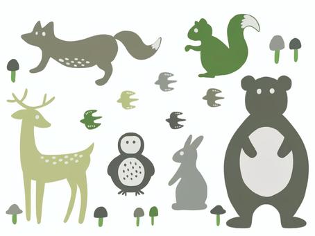森の動物たちのシルエットイラスト 動物,森,シルエット,シンプル,かわいい,おしゃれ,ナチュラル,北欧風,きつね,しかのイラスト素材
