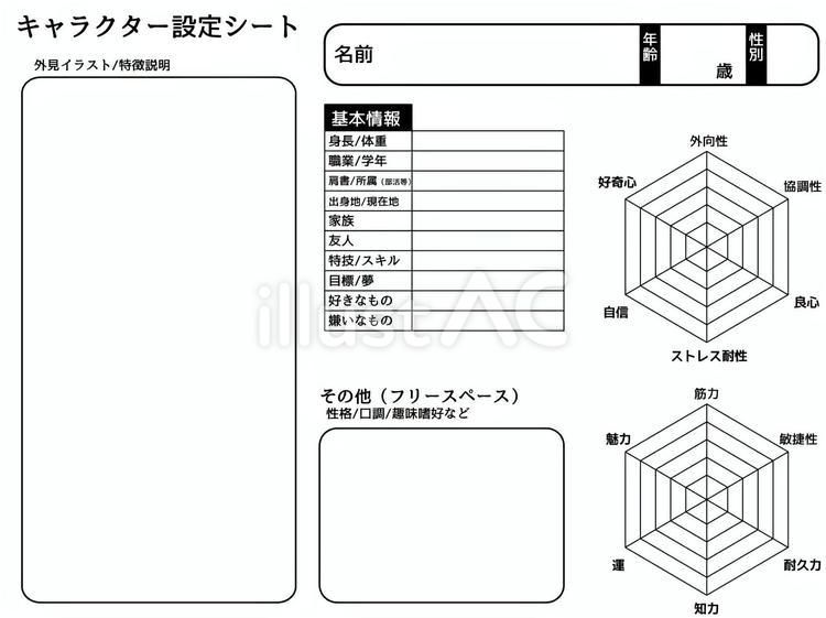 ベーシックなキャラクター設定シート キャラ設定,キャラクターシート,プロフィールのイラスト素材