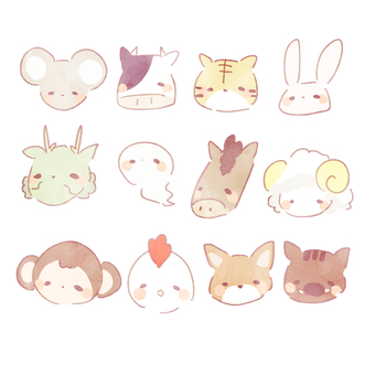 ゆるい十二支イラストセット2 十二支,干支,ネズミ,牛,虎,辰,ヘビ,馬,羊,猿のイラスト素材