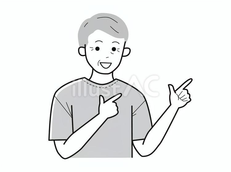 両手で指差しアピールのシニア男性／白黒 シニア,上半身,半袖のイラスト素材