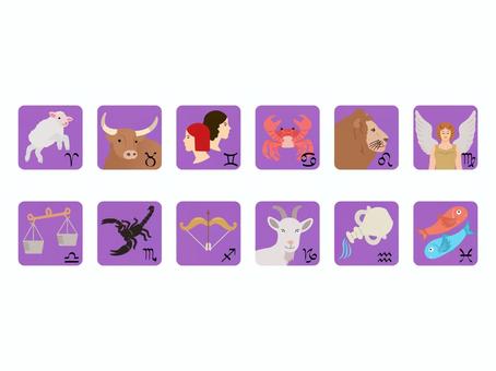 １２星座のサインとイラスト／カラー 12星座,サイン,牡羊座,牡牛座,双子座,蟹座,獅子座,乙女座,天秤座,蠍座のイラスト素材