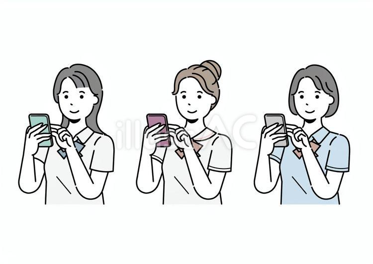 スマホを見る女子高生　セット 学生,制服,女子高生のイラスト素材