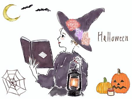 ハロウィン　女性　パンプキン　魔女　花 女性,ハロウィン,魔女,蜘蛛の巣,かぼちゃ,秋,ランタン,帽子,本,花のイラスト素材