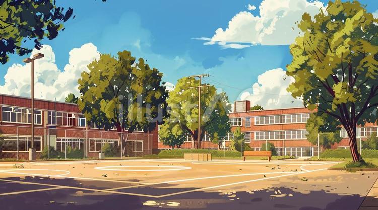 青空の下の広々とした校庭 学校,校舎,教育のイラスト素材
