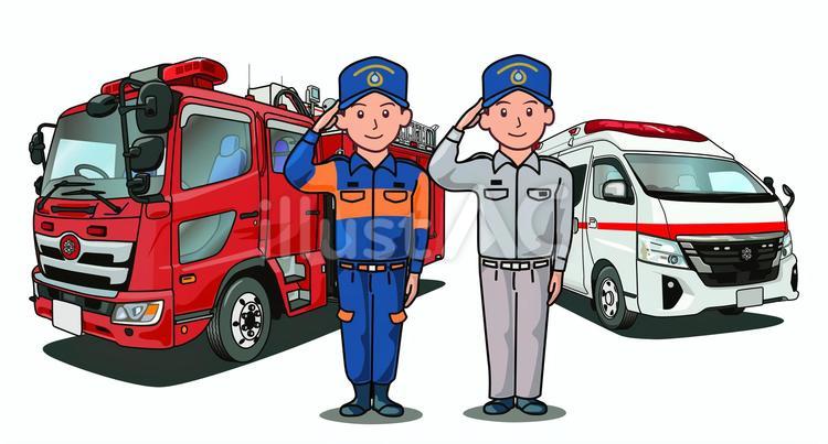 敬礼する隊員と消防車と救急車 消防,救急,消防署のイラスト素材
