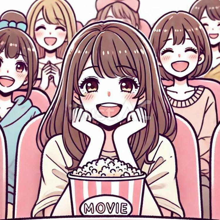 友達と映画を見て笑い合っている 映画,女の子,友達のイラスト素材