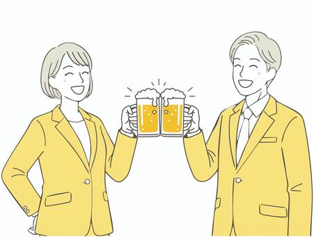 乾杯をする男女1 乾杯,ビール,ビールジョッキ,男女,ジョッキ,生ビール,スーツ,若い,男性,女性のイラスト素材