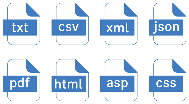 テキスト関連のファイルアイコン 青 txt,csv,xml,json,pdf,html,asp,css,ファイル,アイコンのイラスト素材